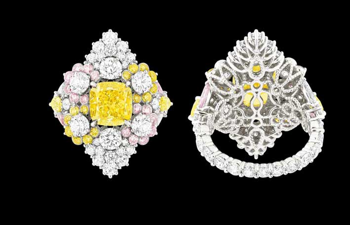 Anello oro bianco 750/1000, diamanti, diamanti gialli e diamanti rosa