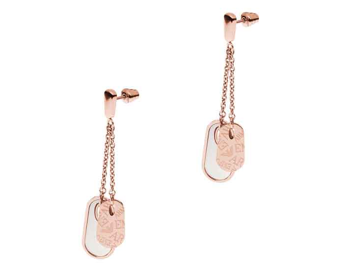 Orecchini pendenti in acciaio lucido placcato ora rosa 18 ct e inserto in madre perla con logo. Prezzo: 139 euro
