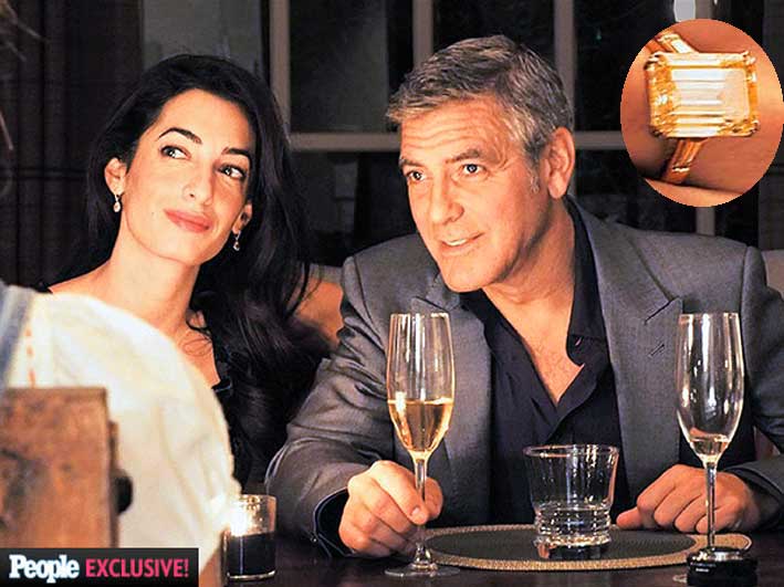 George Clooney con la partner, Amal Alamudin. Nel tondo, l'anello da 450 mila euro