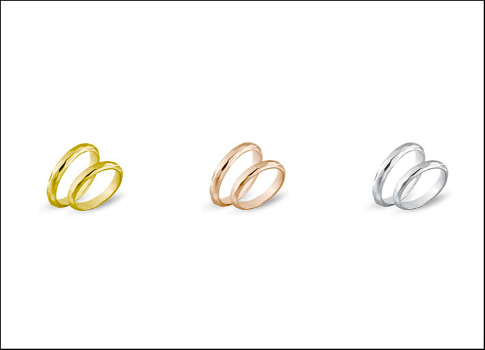 Comete: fedi sfaccettate in oro giallo, rosa e bianco disegnate dal wedding planner Enzo Miccio. Prezzo: 530 euro