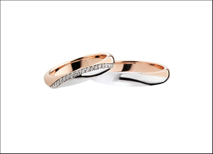 Polello: fedi bicolori in oro bianco e rosa con una fila di diamanti da 0,13 carati per la donna. Prezzo: 1600 euro