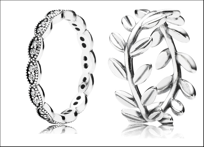 Shimmering Leaves, anello in argento Sterling 925 e zirconia cubica, prezzo 65 euro; anello  con foglie in argento Sterling 925, prezzo 59 euro 