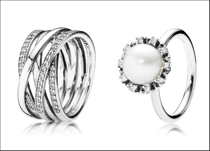 Anello multifascia e anello con perla coltivata d'acqua dolce bianca e zirconia cubica, in argento Sterling 925. Prezzi: 119 e 89 euro