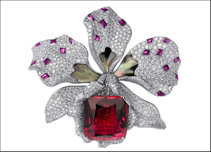 Cartier, spilla Caresse d'Orchidées, con una rubellite centrale, taglio cabochon 