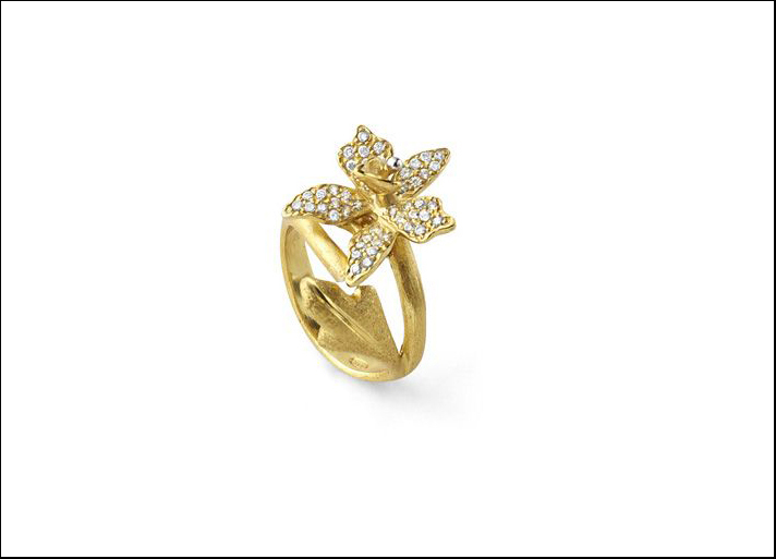 Misis, anello Orchidea in argento placcato oro 18 carati con zirconi.