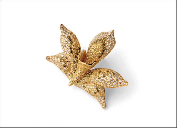 Misis, spilla Orchidea in argento placcato oro 18 carati con zirconi