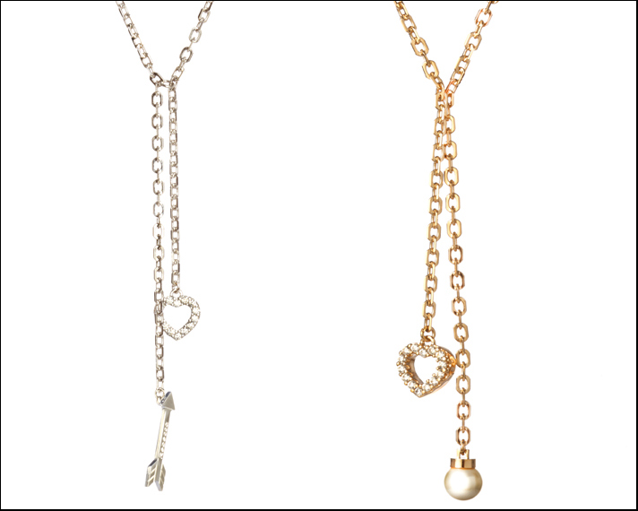 Trilogy MyWorld, collane in bronzo dorato e rodiato con cuori con zirconi, freccia e perla