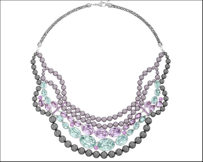 Clay, collana con catenina palladiana e cinque fili di perle di cristalli grigio, rosa e verde acqua pastello e lilla