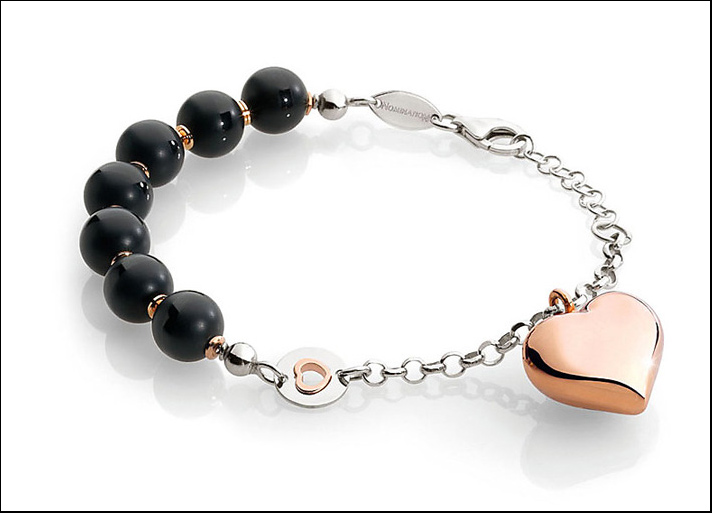 Amorissima, bracciale in argento con perle in onice e pendente a forma di cuore, disponibile anche con galvanica oro rosa 22 carati