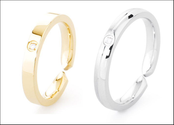 Infinity, anello in acciaio con pvd oro e cristallo e anello lucido e satinato con cristallo.