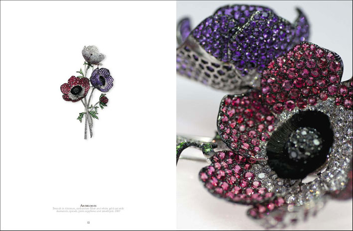 Brooch in titanium, carbonium fiber and white gold set with diamonds, spinels, pink sapphires and amethysts. 2007