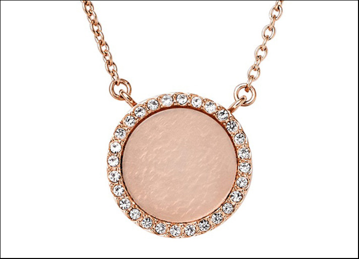 Fashion, collana in acciaio Rose Gold, pendente con cristalli e inserto in resina rosa antico.