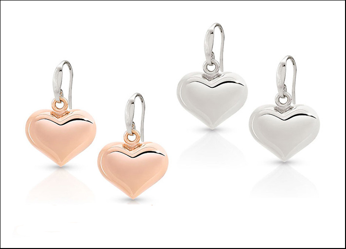 Amorissima, orecchini in argento con pendente a forma di cuore, disponibile anche con galvanica oro rosa 22 carati. 