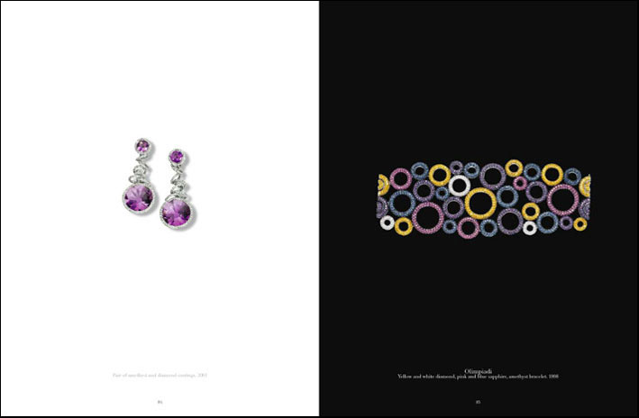 Pair of amethyst and diamond earrings (2001). Right: Olimpiadi. Yellow and white diamond, pink and blue sapphire, amethyst bracelet (1998)