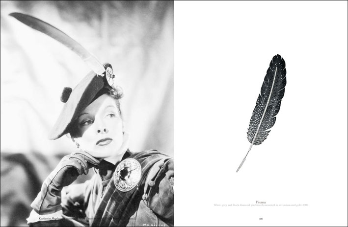 Katharine Hepburn in costume as Mary Stuart in the 1936 film «Mary of Scotland». Right: Piuma. White, grey and black diamond pin brooch mounted in zirconium and gold. 2006