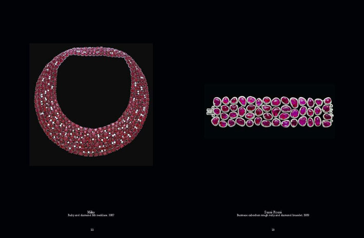Miky. Ruby and diamond bib necklace (1987). Right: Sassi Rossi. Burmese cabochon rough ruby and diamond bracelet. 1989