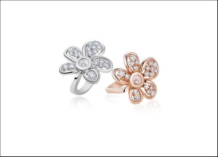 Happy Diamonds, anelli piccolina portare sullo stesso dito in oro bianco e rosa e diamanti taglio brillante, 