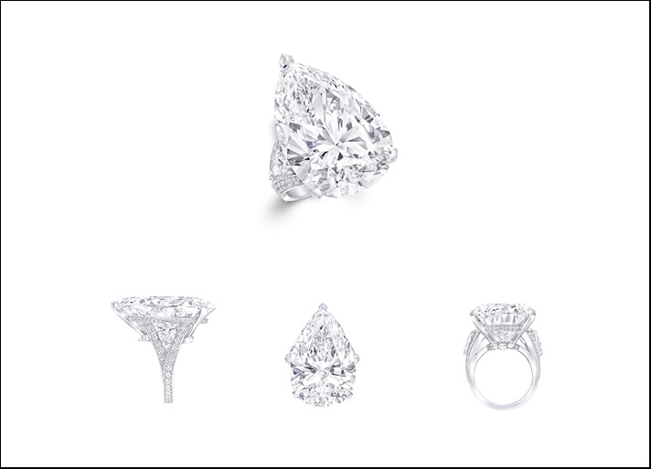 Fascination, dettaglio del  diamante centrale a forma di pera e la montatura ad anello