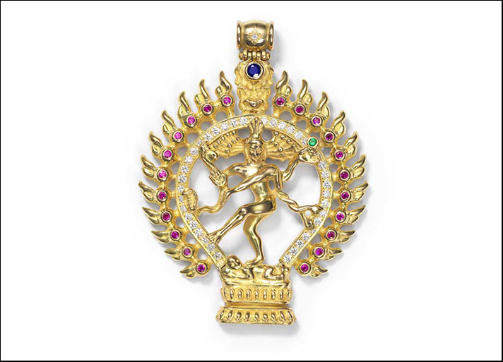 Shamballa, pendente Shiva danzante in oro con rubini, diamanti e tsavoriti