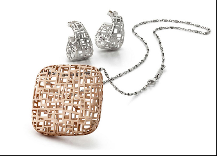 Skyline collection, pendente e orecchini in argento 925 placcati in oro rosa e rodio.