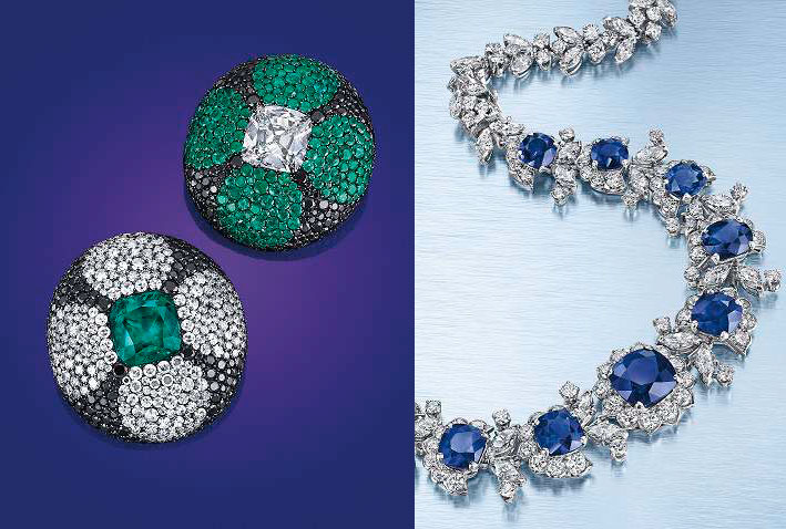 A sinistra, orecchini a clip con diamanti e smeraldi di Jar. Stima: 250-350mila dollari. A destra, una collana di zaffiri e diamanti di Van Cleef & Arpels, valutata 300-500mila dollari