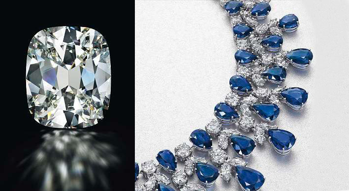 A sinistra, un diamante taglio cuscino flautato 4-5 milioni di dollari. A destra, una collana di zaffiri e diamanti firmata Graff, stimata 250-350mila dollari