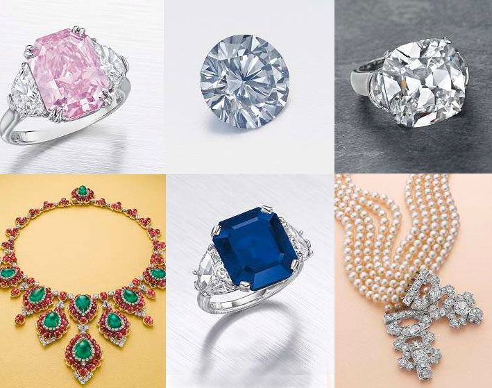 In alto, a sinistra, anello con diamante fancy rosa: 2,5-5 milioni di dollari. Al centro, diamante con riflessi blu taglio prillante: 1,75-2,5 milioni di dollari. A destra, anello di grand con diamante a cuscino: 750mila-1 milione di dollari.  In passo, a sinistra, collana di rubini e smeraldi di Bulgari: 300-400 mila dollari. Al centro, anello con zaffiro a taglio ottagonale: 1,2-1,8 milioni di dollari. A destra, bracciali Art Deco con diamanti e perle: 120-150mila dollari