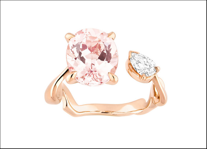 Diorama Precieuse, anello in oro rosa, diamante incolore taglio a pera e morganite rosa sfaccettata
