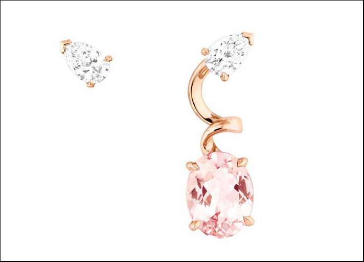 Diorama Precieuse, orecchini in oro rosa, due diamanti incolore taglio a pera e morganite rosa sfaccettata