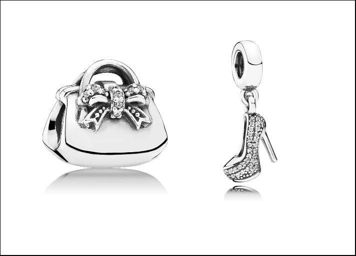 Charm Sparkling handbag e Sparkling stiletto in argento Sterling 925 e zirconia cubica. Prezzi: 49 e 45 euro