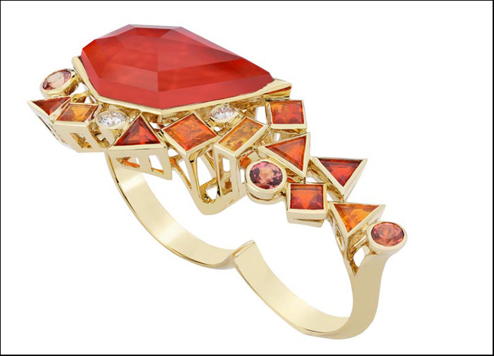 Gold Struck, anello doppio in oro giallo, corallo granati, zaffiri arancio e diamanti 