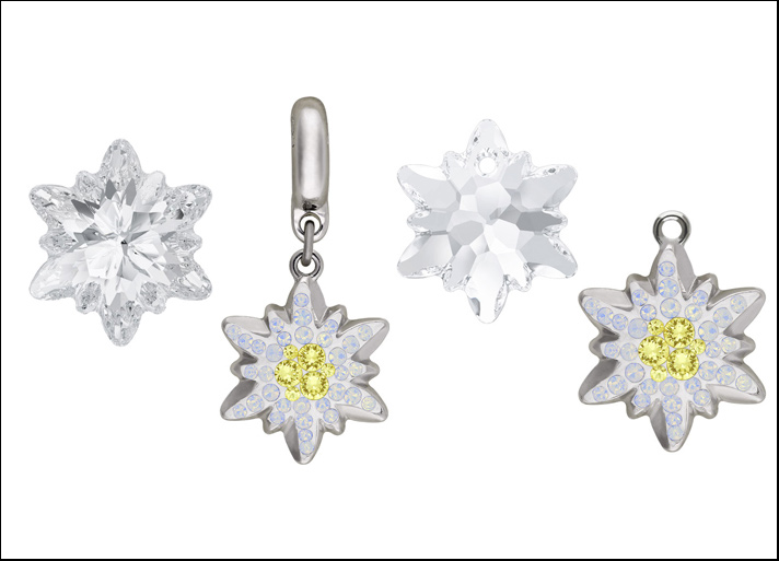 Esempi di cristallo taglio Edwlweiss, da sinistra a destra: Edelweiss Fancy Stone, BeCharmed Pavé Edelweiss Charm, Edelweiss Pendant, Pavé Edelweiss Pendant