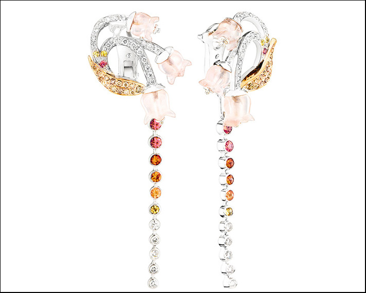 Lalique, orecchini in oro bianco con 76 diamanti, 6 zaffiri gialli, 6 zaffiri rosa, 6 zaffiri arancio, 6 quarzi rosa 