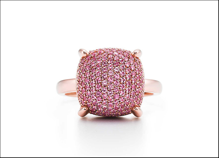 Tiffany, anello Sugar Stacks di Paloma Picasso in oro rosa 18 carati con pavé di zaffiri rosa. 