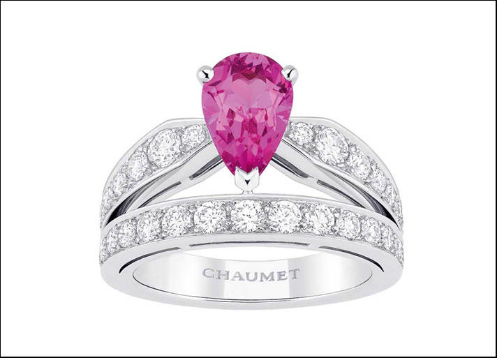 Joséphine, anello Tiara in platino, con diamanti taglio brillante e zaffiro rosa non riscaldato a forma di pera di circa 1 carato