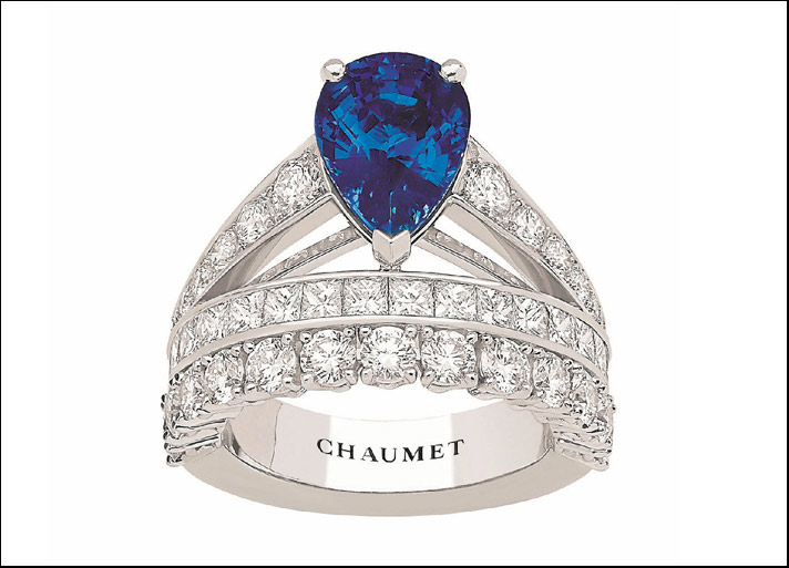 Joséphine, anello Tiara in platino, con pavé e montatura a binario di diamanti taglio brillante e zaffiro pera non riscaldato