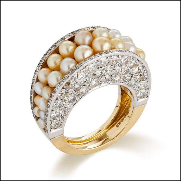 Jojo Grima, anello in oro, diamanti e perle