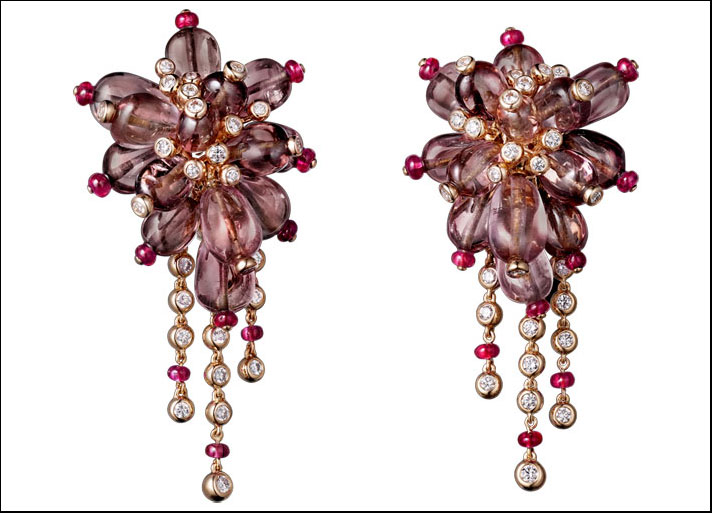 Étourdissant Cartier, orecchini Arabica in oro rosa e bianco, con granati e rubini a forma di perla e diamanti brown e bianchi taglio 