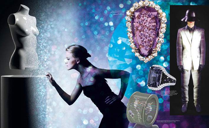 Picture left side: Floating Technology: Crealev Levitation Technology, Concept: Angela Jansen, Creative Director: Crealev, photographer: Mike Roelofs, www.crealev.com Designs from top to bottom: Ring in 18k rose gold with amethyst and white sapphires by Suzanne Kalan, Suzannekalan.com, photography: Dogbone Designs. Emerald cut gray spinel ring of the New York Collection by Martin Katz, surrounded by micro-set white and black diamonds, amethysts, blue spinels and purple sapphires, set in 18k white gold, www.martinkatz.com Picture right side: KAY KWOK FW2013 COLLECTION, www.kaykwok.com