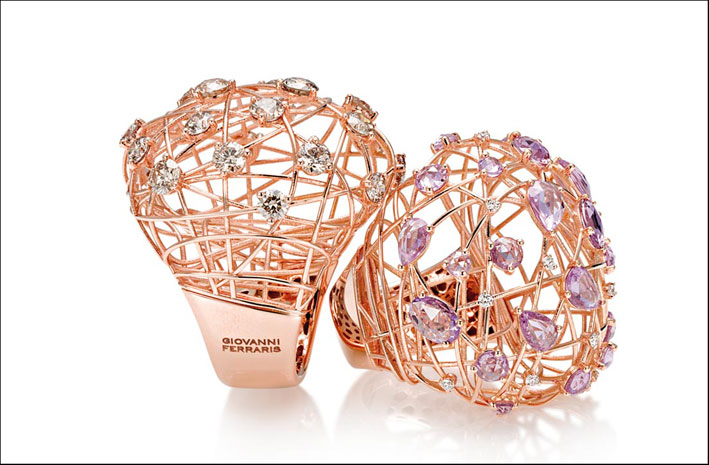 Collezione Arianna: anelli in oro rosa, diamanti e zaffiri rosa