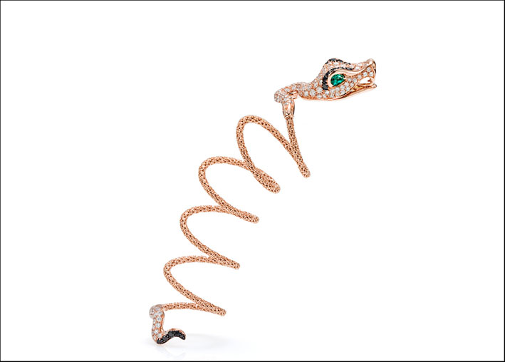 Collezione Twist Nature: anello in oro rosa, titanio, diamanti e smeraldi