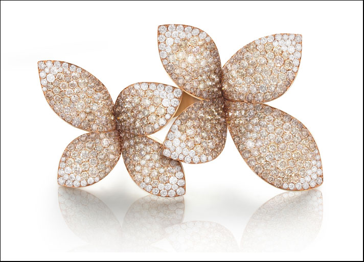 Giardini Segreti Haute Couture, anello doppio in oro rosa e diamanti champagne