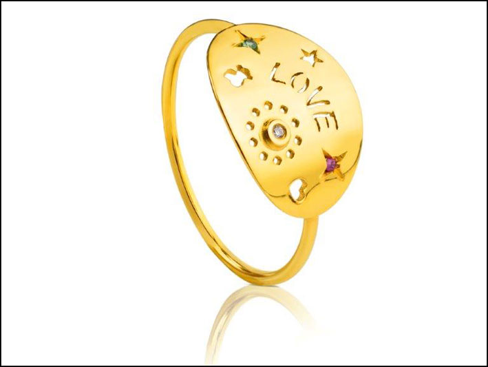 Anello in oro giallo 18 carati e gemme: 325 euro