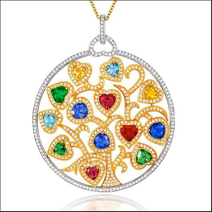 Love springs Etermal: pendente con smeraldi, rubini, acquamatina. tanzanite, berilio, tormalina, diamanti