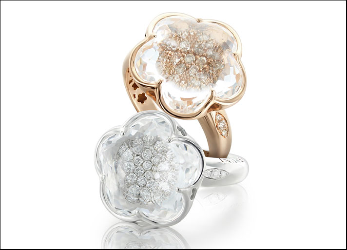Bon Ton, anelli con cristallo di rocca e diamanti champagne  su oro rosa e  diamanti  incolore su oro bianco 