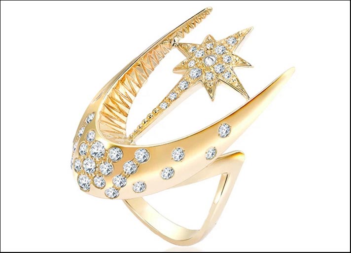 Anello Parrot Star fish, in oro 18 carati e diamanti