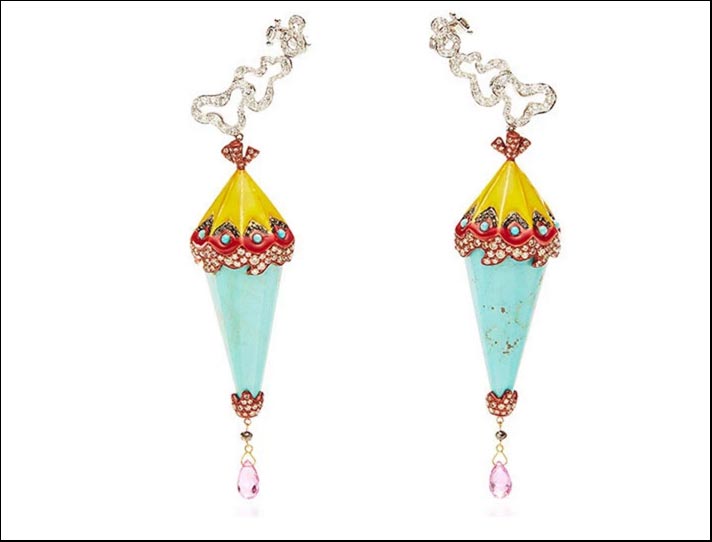 Orecchini Multicolor Drop, in oro 18 carati, diamanti HSI1, diamanti neri, zaffiri rosa, turchese e smalto 