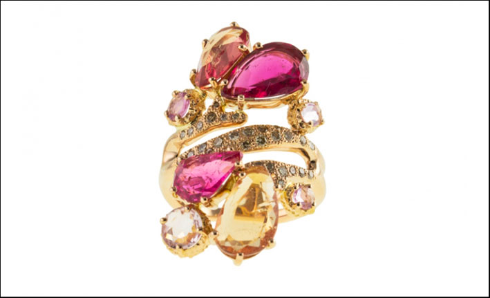 Anello Bocciolo, oro rosa, diamanti brown, tormalina rosa, topazio imperiale, zaffiro rosa