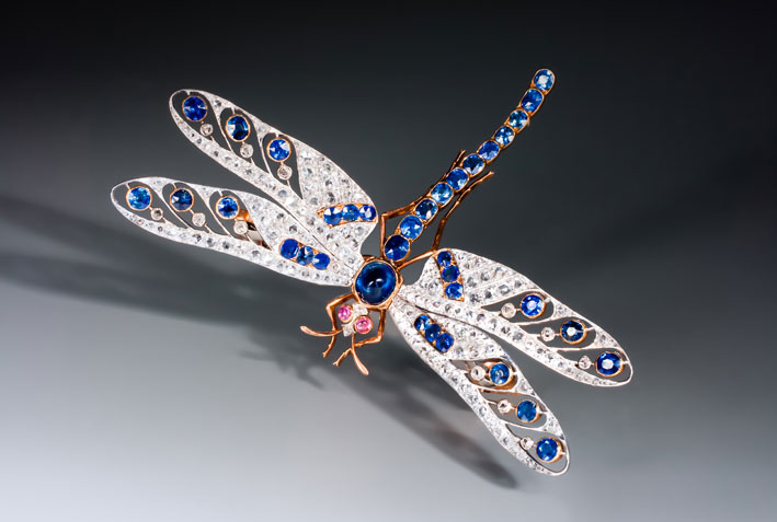 Antique dragonfly brooch «en tremblant», Joseph Nivelon. Set with sapphires, rubies and diamonds, mounted in platinum and gold Maker's mark of Joseph Nivelon. Paris, circa 1905. Provenance: Madame la Marquise de Contades