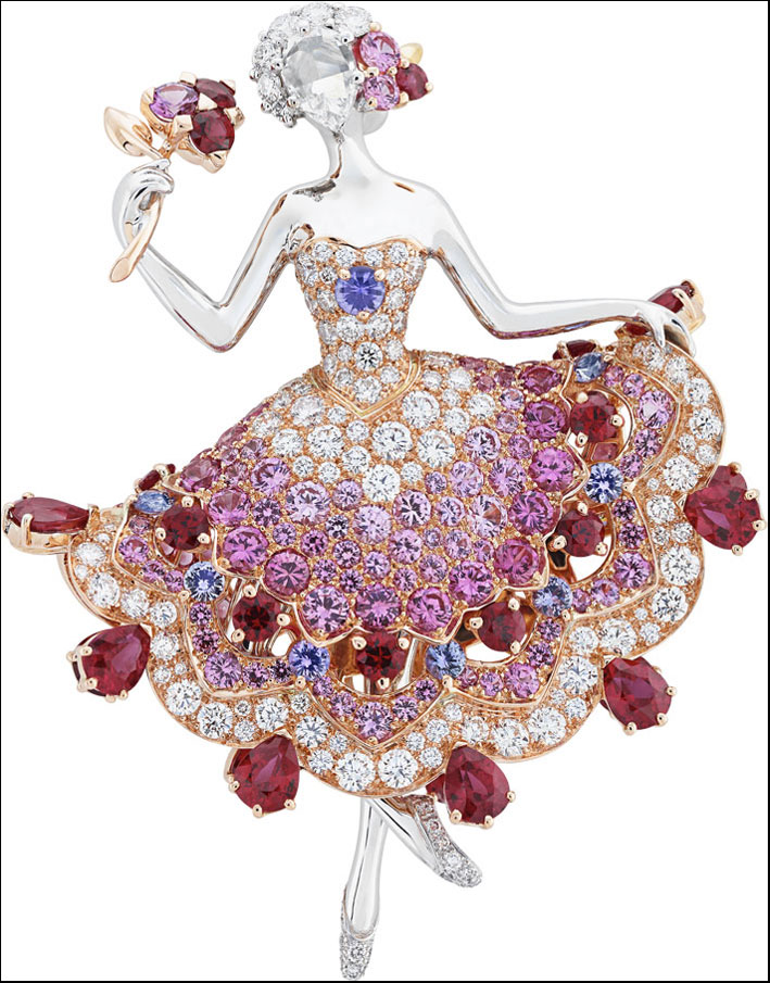 Van Cleef & Arpels, spilla ballerina. Diamanti, rubini e zaffiri rosa